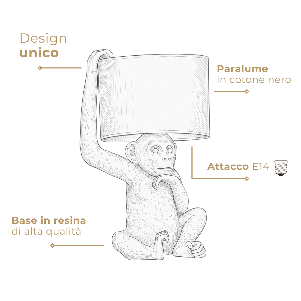 CHIMP lampada da tavolo — design unico, paralume in cotone nero, attacco E14, base in resina di alta qualità