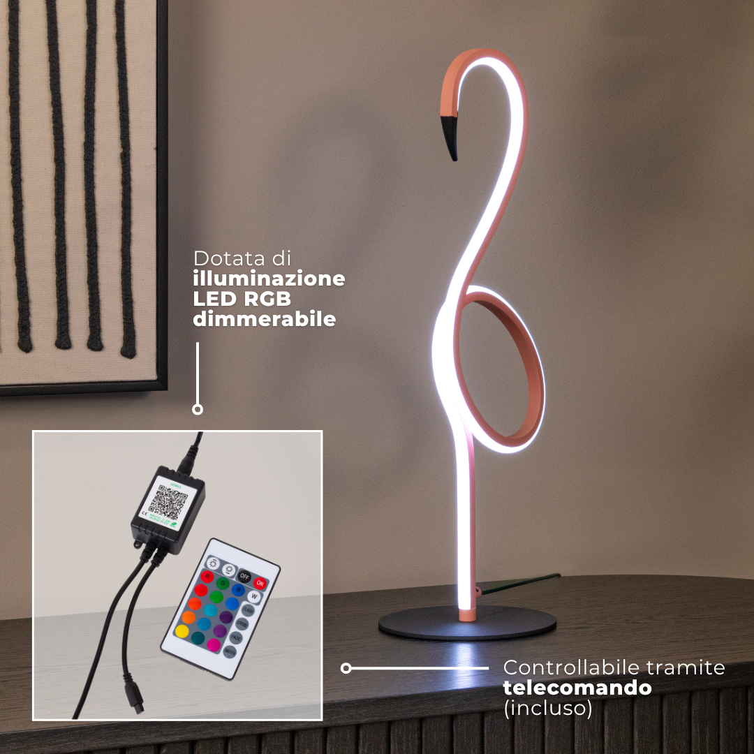 FLAMINGO: illuminazione LED RGB dimmerabile, controllabile tramite telecomando incluso