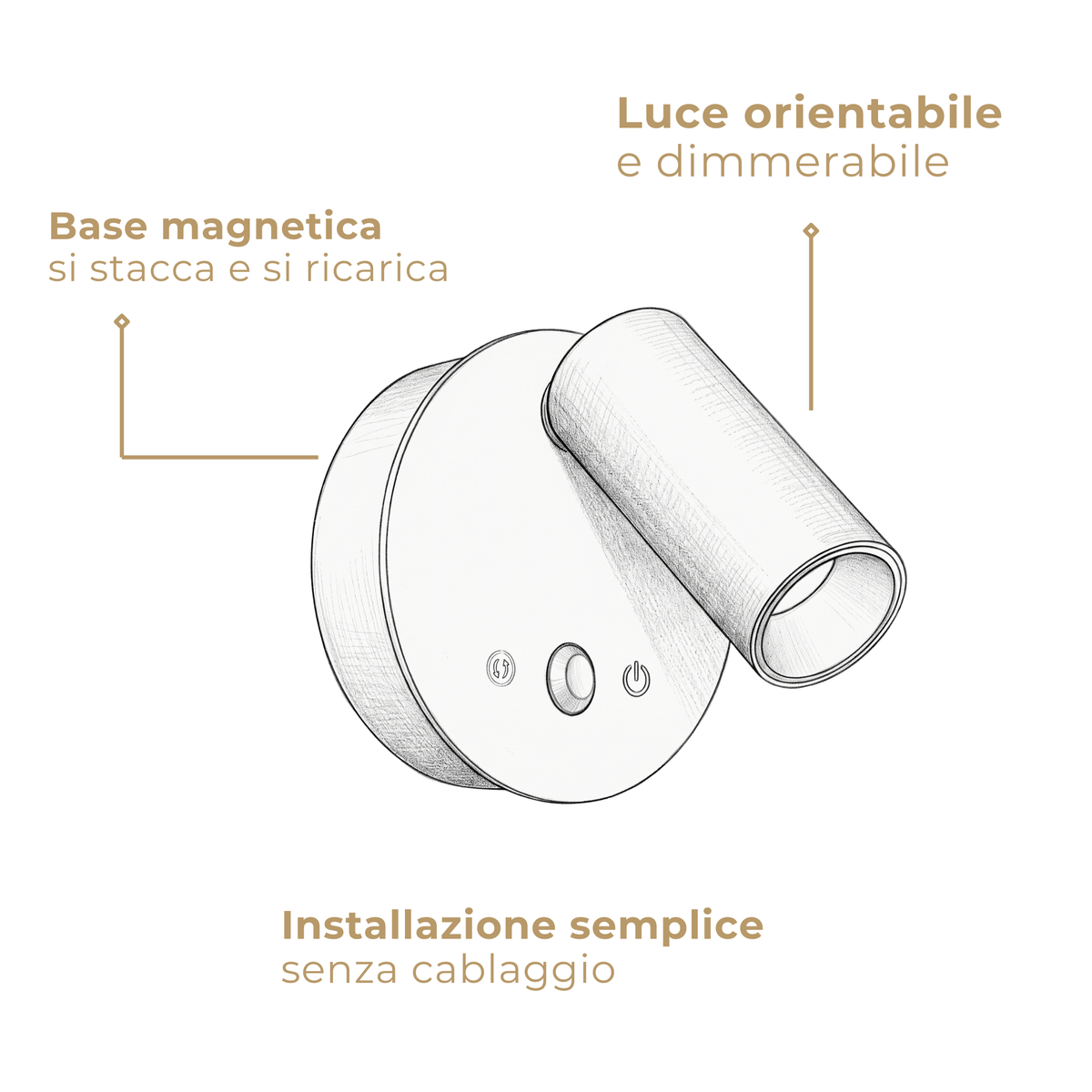 TONI applique senza fili — base magnetica staccabile e ricaricabile, luce orientabile e dimmerabile, installazione semplice senza cablaggio