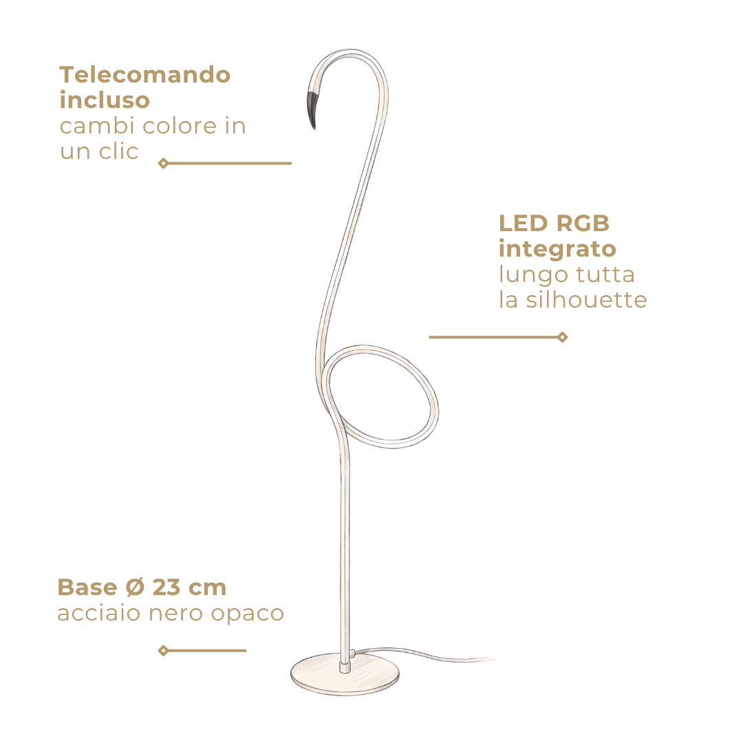 FLAMINGO lampada da terra: disegno tecnico con telecomando, LED RGB e base Ø 23 cm