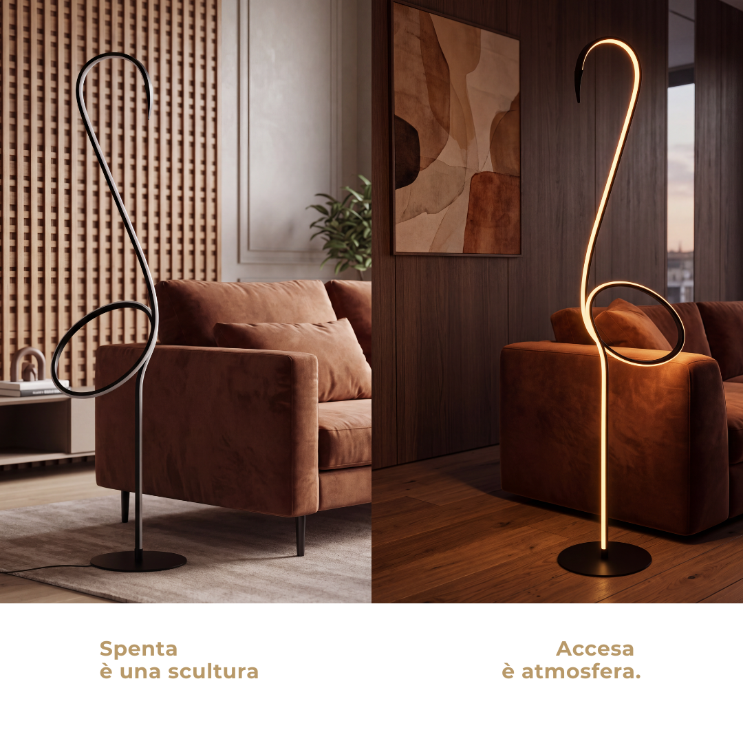 FLAMINGO lampada da terra, spenta e accesa a confronto