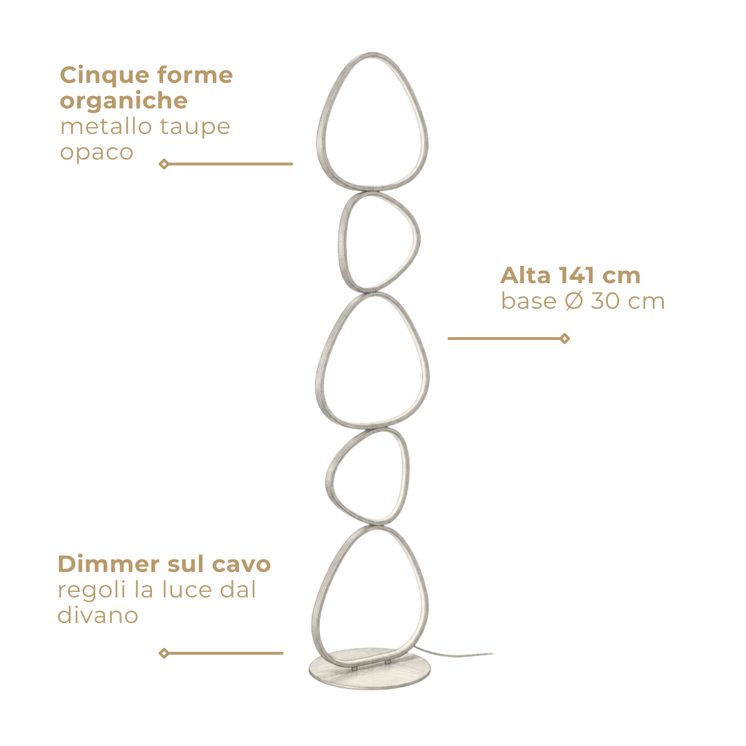 SAMLING lampada da terra: disegno tecnico, 5 forme organiche, alta 141 cm