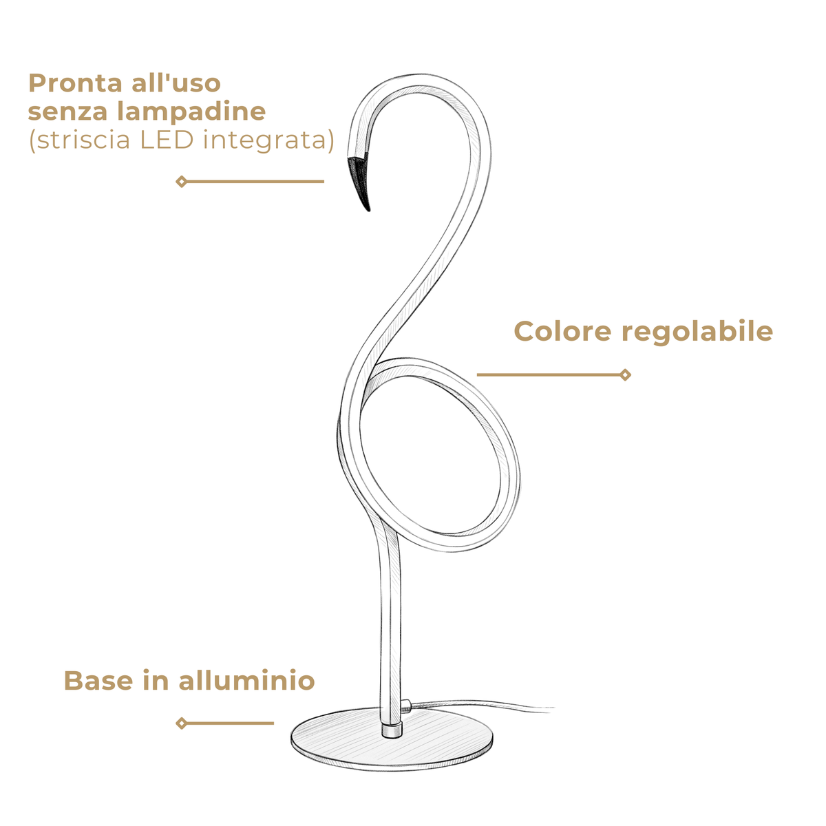 FLAMINGO lampada da tavolo — pronta all'uso senza lampadine con striscia LED integrata, colore regolabile, base in alluminio