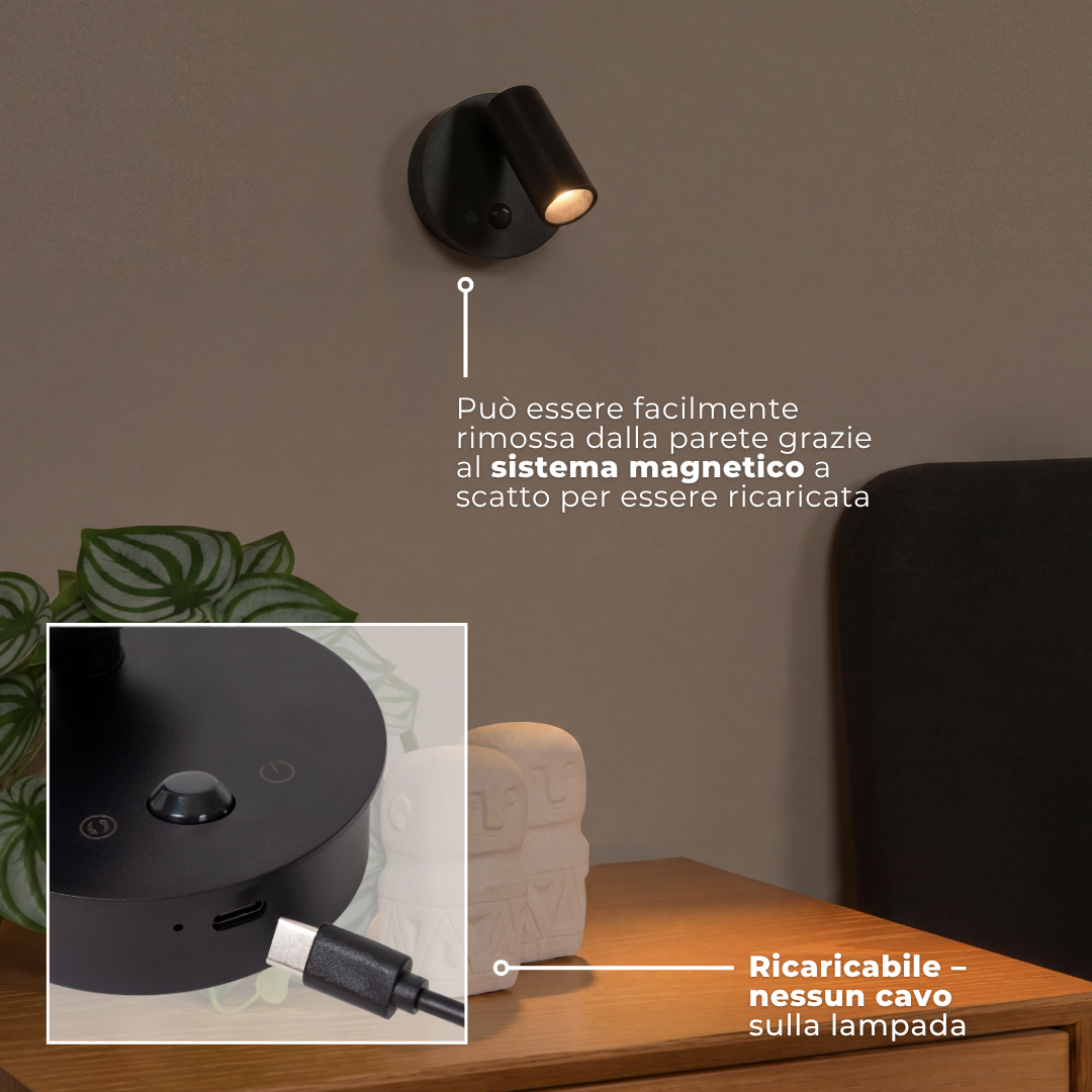 TONI: sistema magnetico a scatto e ricarica USB-C senza cavi sulla lampada